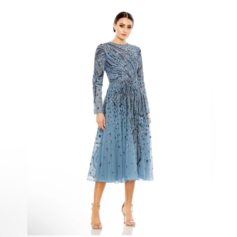 Mac Duggal Blue Beaded Long Sleeve Midi Dress Size 6 New
